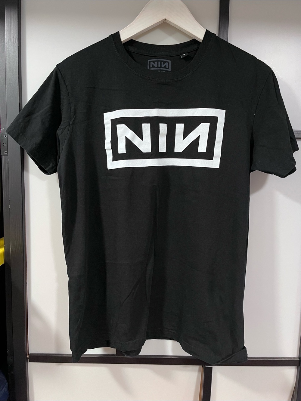 NIN Black Men's Graphic Tee with White Logo Size Medium